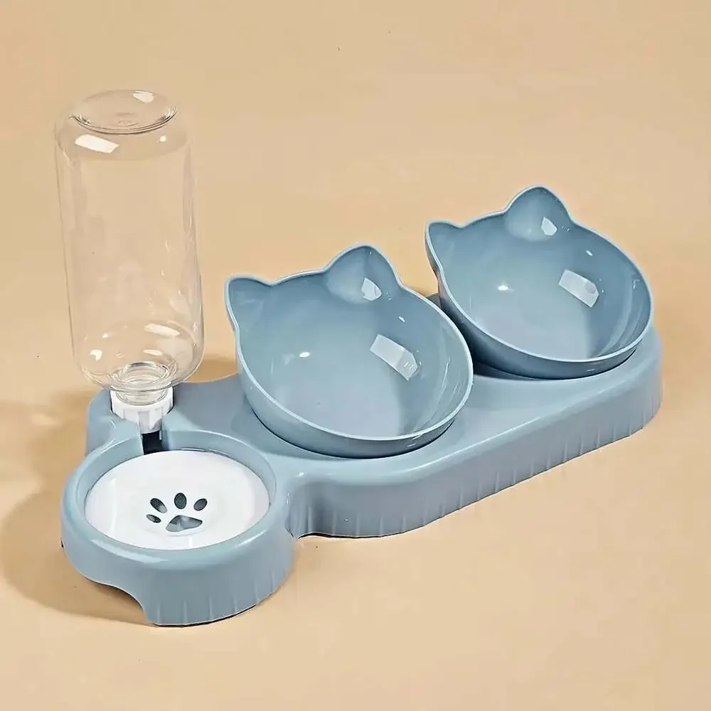 Pet Bowls with Water Feeder, 3 in 1 Ear Design Tilted Cat Water and Food Bowl Se